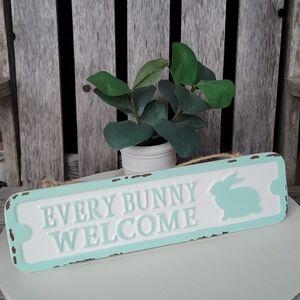 Farmhouse Distressed Mint Green 'Every Bunny Welcome' street sign